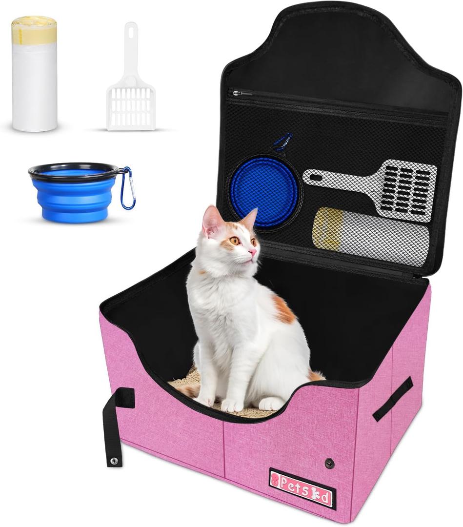 Petskd High Sides Portable Travel Litter Box for Cats with Lid and 10 pcs Liner Bags, Light Weight and Leak-Proof for Road Trips, Hotel Stays, Car Travel(Pink)