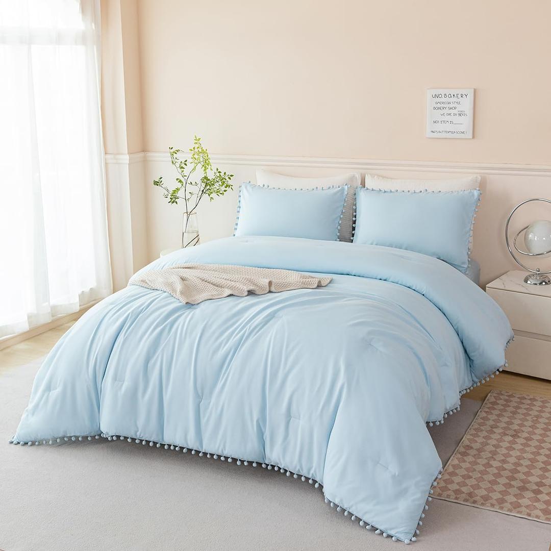 PERFEMET 5 Pieces Light Blue Queen Bed in A Bag Pom Pom Boho Bedding Set for Girls Soft Fluffy Solid Bedding Comforter Set with Sheets(Light Blue, Queen)