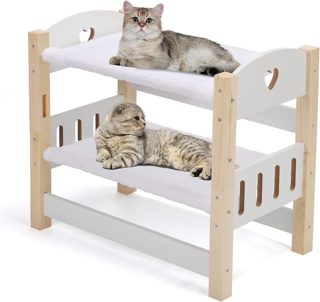Cat Hammock Beds, 2 Layers Elevated Cat Beds for Indoor Cats, Sturdy Pine Wooden Furniture for Puppy Small Pets, Raised Cat Bed with Soft Plush Sheets for Better Sleep, Love Pattern, 22" L x 12.6" D