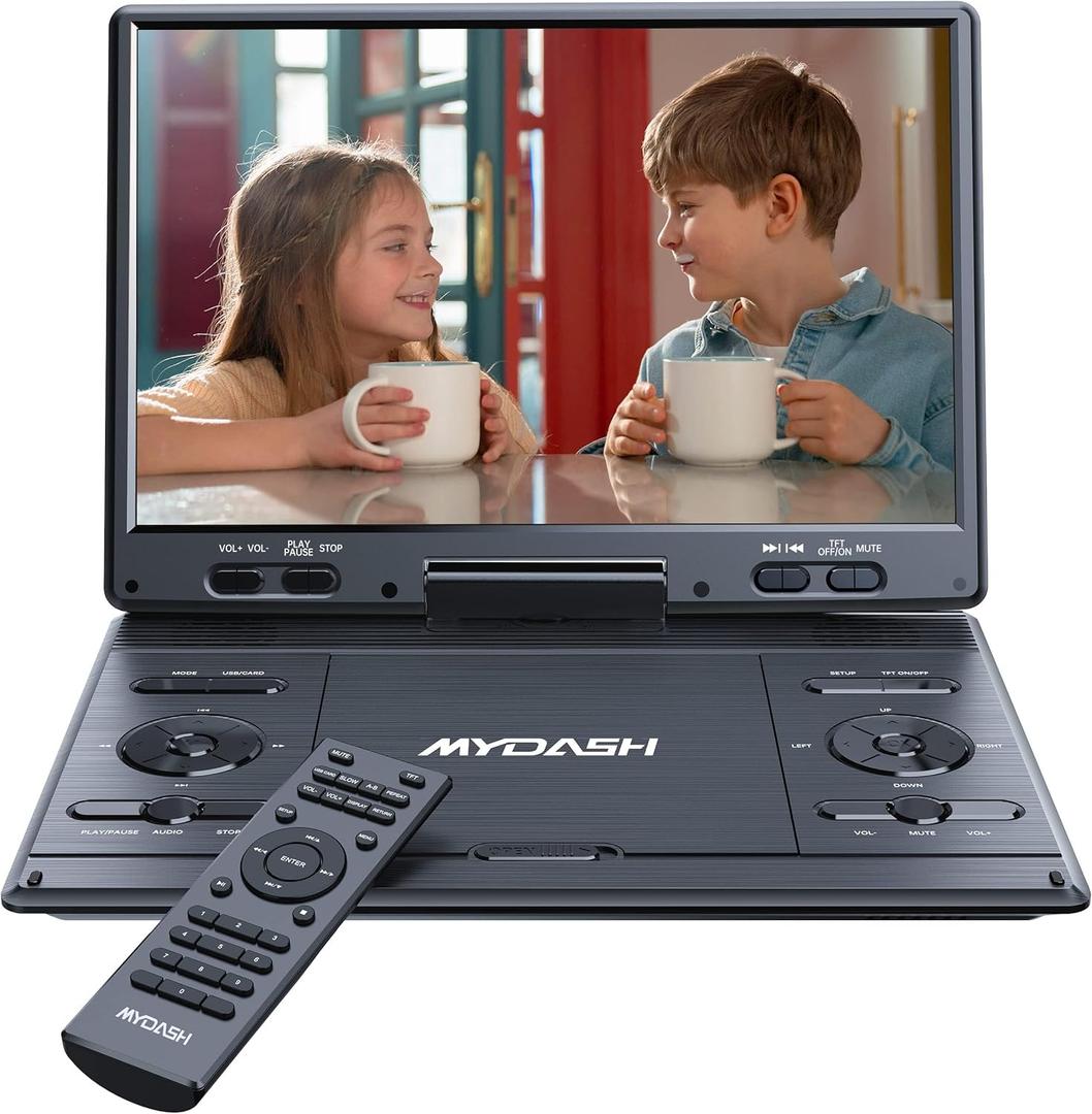MYDASH12.5''Portable DVD Player with Swivel ScreenRechargeable Car DVD Player, Portable &Travel, RegionFree Personal DVD Player Portable, USB/SD Support (Carbon Black)