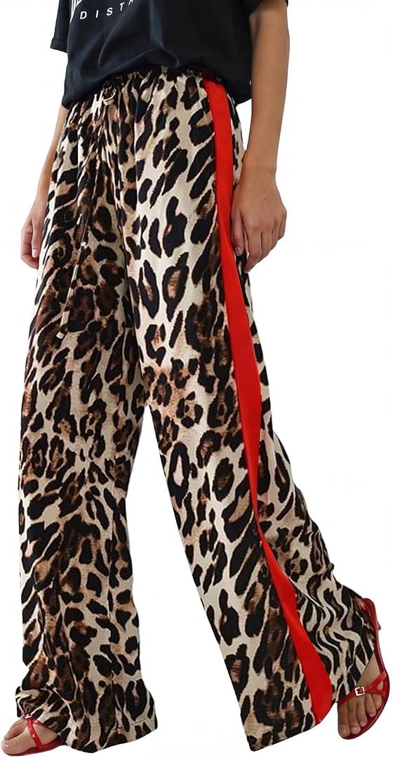 Rapbin Women's Leopard Wide Leg Pants Casual Side Striped High Waisted Palazzo Trousers with Pockets Summer 2026 (S)
