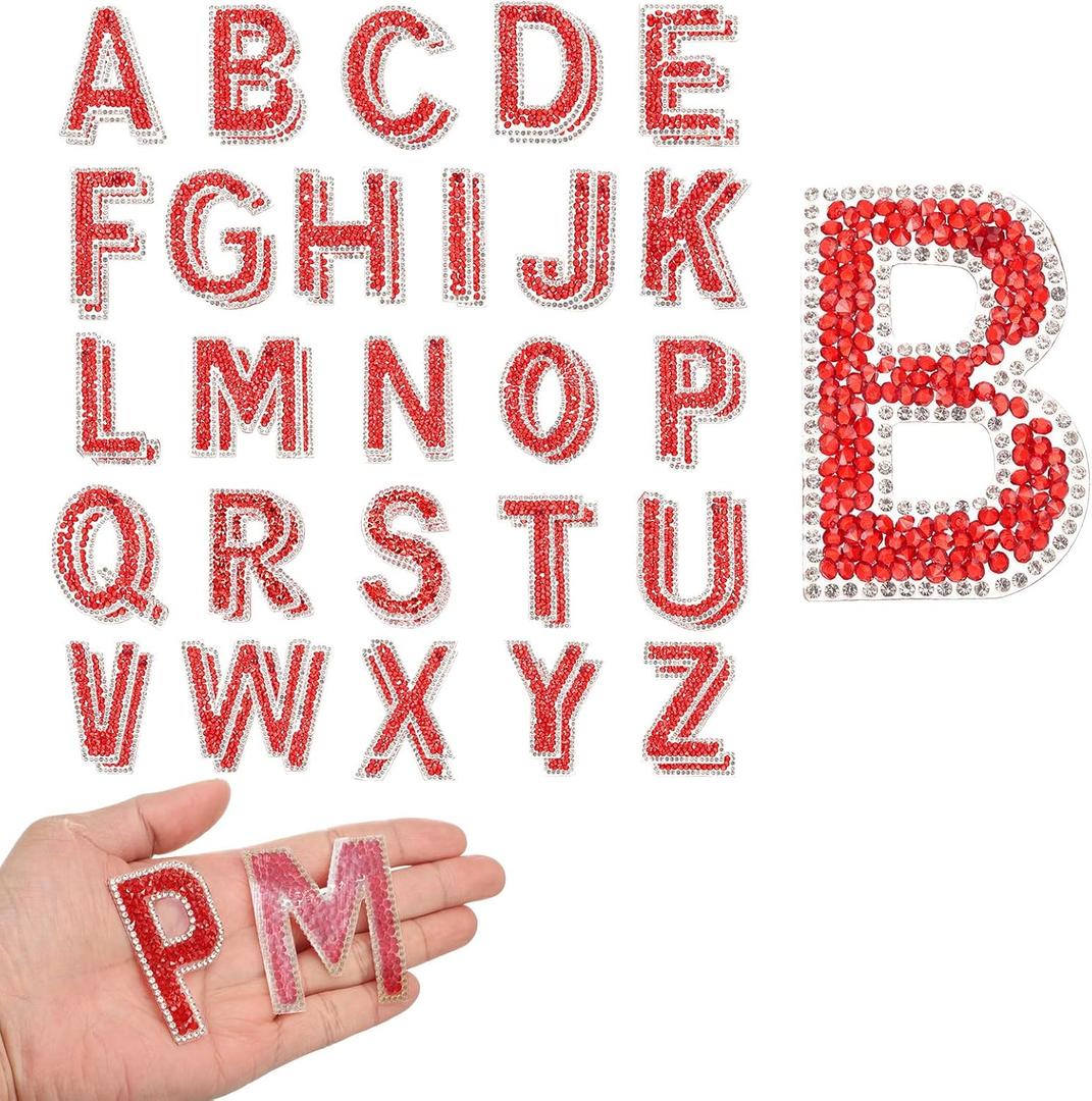 uxcell 52pcs Rhinestone Iron on Letter Patches, A-Z Self Adhesive Glittery Rhinestone Alphabet Letter Sticker Appliques for DIY Jackets Hats Clothes Backpack, Red