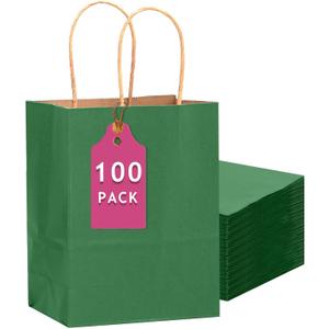 qiqee 100PCS Gift Bag with Handles Bulk Kraft Deep Green Paper Bags Multiple Uses (13''x5 x10 inch Large Size)