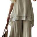 Women's 2 Piece Outfits Flowy Ruffle Tops Palazzo Pants Suits Elegant Casual Dressy Two Piece Linen Sets, Large