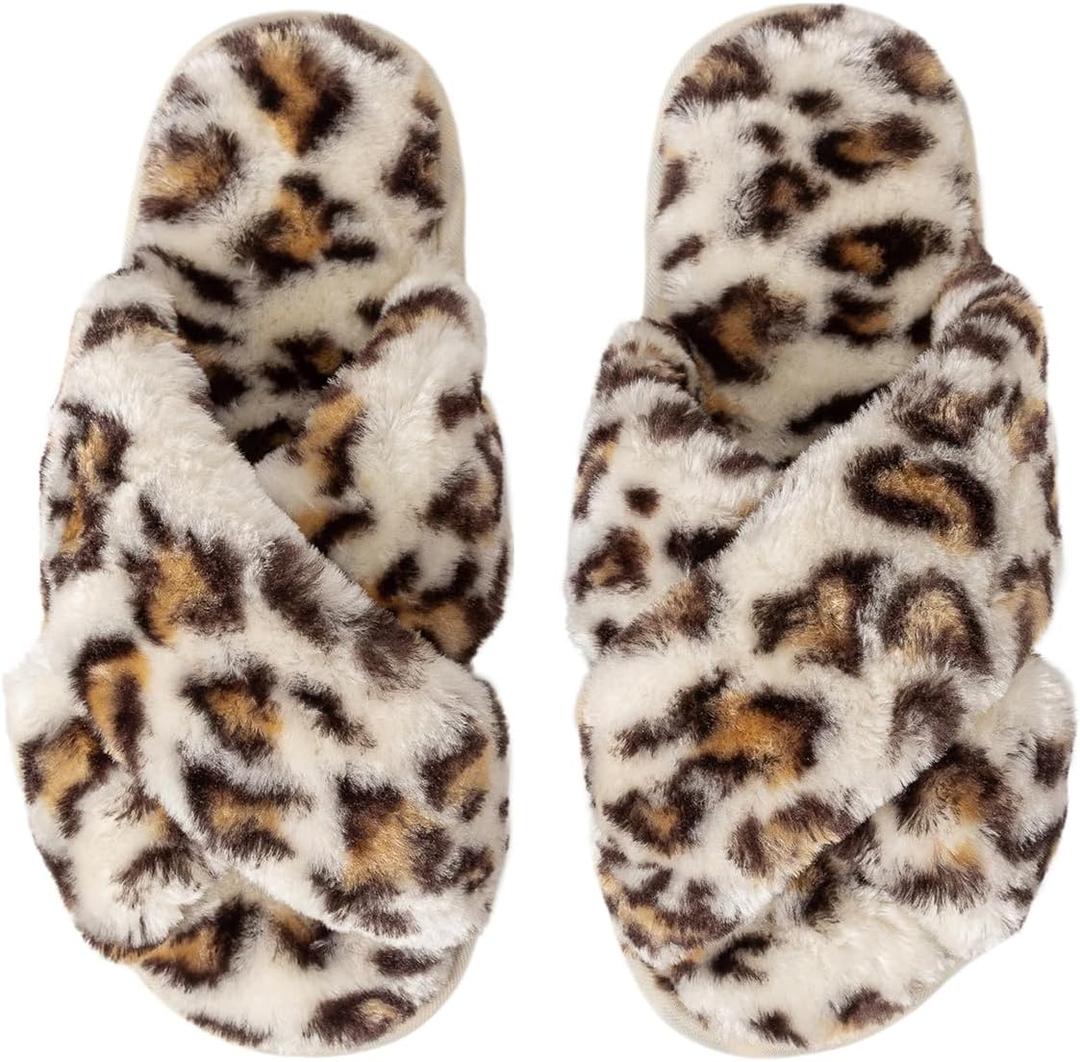 Enteer Women's Slipper Memory Foam Cross Band Fuzzy Slippers Open Toe Cozy House Slippers Cozy Plush Bedroom Indoor Outdoor