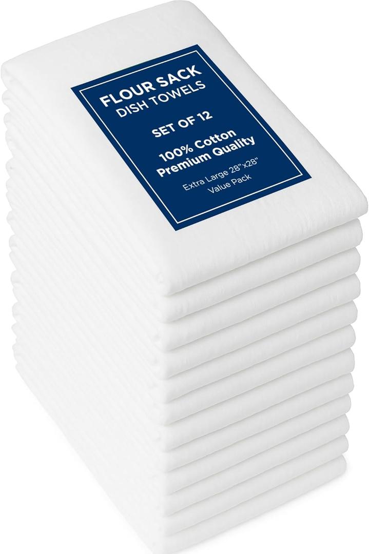 ROYALE LINENS Flour Sack Towels  12 Pack 28x28 Inch White Kitchen Dish Towels  100% Cotton Tea Towels for Bread Proofing, Cheese Straining, Baking, Cleaning, Drying, Embroidery, Multipurpose Use