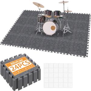 24Pcs Sound Absorbing Interlocking Floor Mats, 11 x 11 x 0.3 Inch High Density Piano Carpet Drum Rug, Non-Slip Anti Vibration Soundproof Pads, Grey