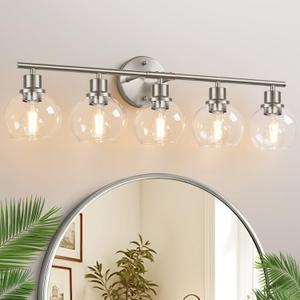 Indoi 5-Light Bathroom Light Fixtures, Brushed Nickel Vanity Light with Clear Glass Globe Shades, Modern Bathroom Wall Sconce Lighting for Mirror, Kitchen, Hallway, Bedroom