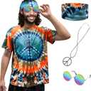 Hippie Costume for Men Women 60s and 70s colorful T-Shirt Sunglasses Headband Peace Necklace 4-Piece Theme Party (Small)