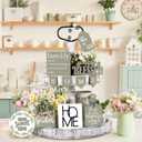 FairySandy 11 Pcs Home Tiered Tray Decor Spring Rustic Farmhouse Tiered Tray Decorations Set Sage Green Wooden Home Sign Vintage Farm Animal Farmhouse Tabletop Wood Sign for Kitchen Table Shelf Decor