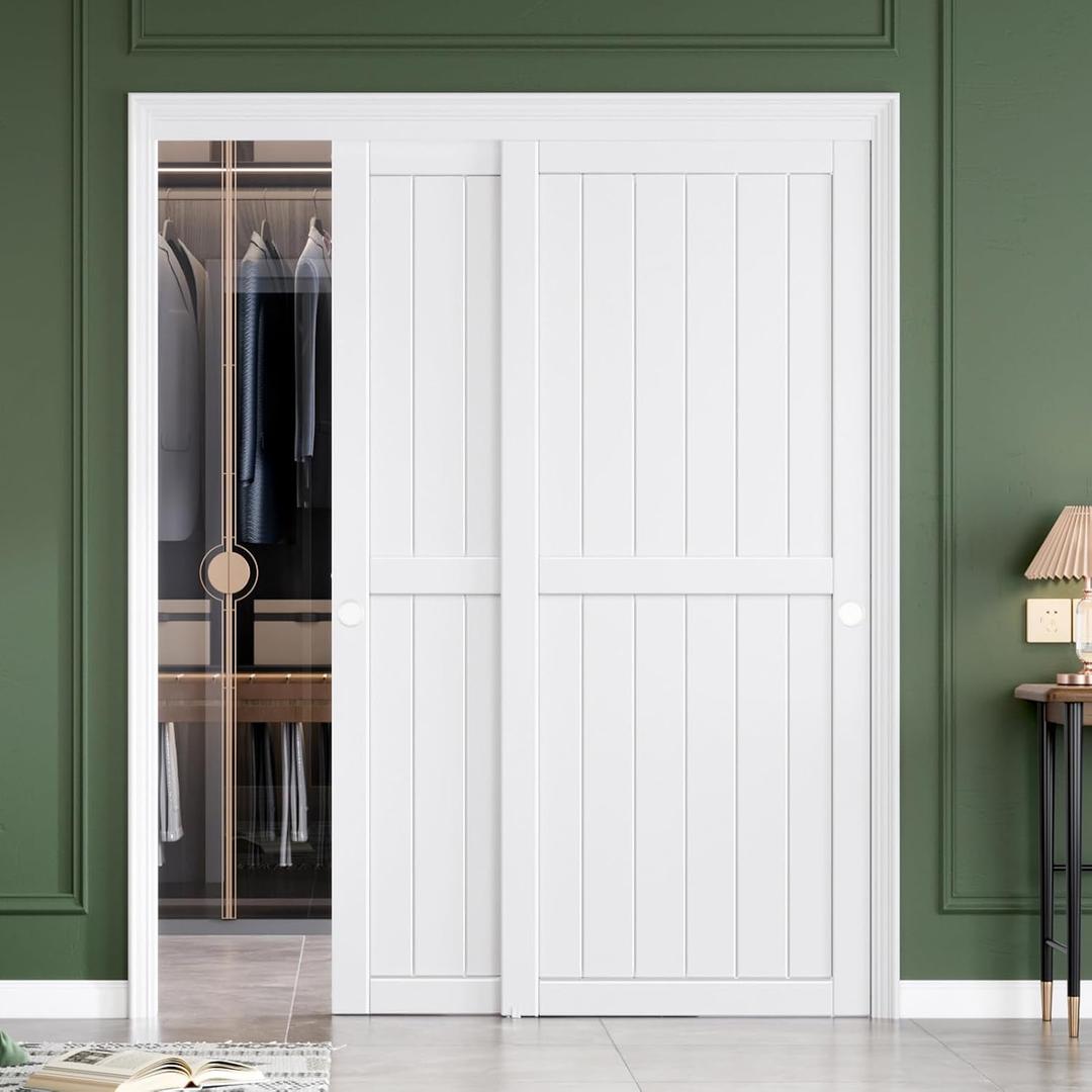 FREDBECK Sliding Closet Doors 64x80(Double 33inch),Bypass Barn Door with Hardware,for Bedroom,White,H Frame,Assemble Required