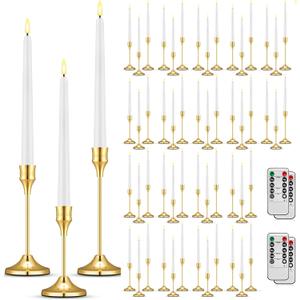 Glooglitter 60 Set(120 Pcs) Gold Candle Holders with LED Flameless Taper Candles Bulk Include Metal Taper Candlestick Holder Battery Operated Flickering Candle with 2 Timer for Christmas Wedding Gift