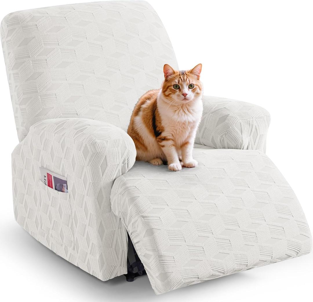 TAOCOCO Recliner Cover 3 Pieces Recliner Chair Covers, Stretch Jacquard Reclining Chair Cover, Furniture Protector Sofa Slipcovers Couch Covers with Elastic Bottom for Kids, Pets (Cream White) (1 Seater)