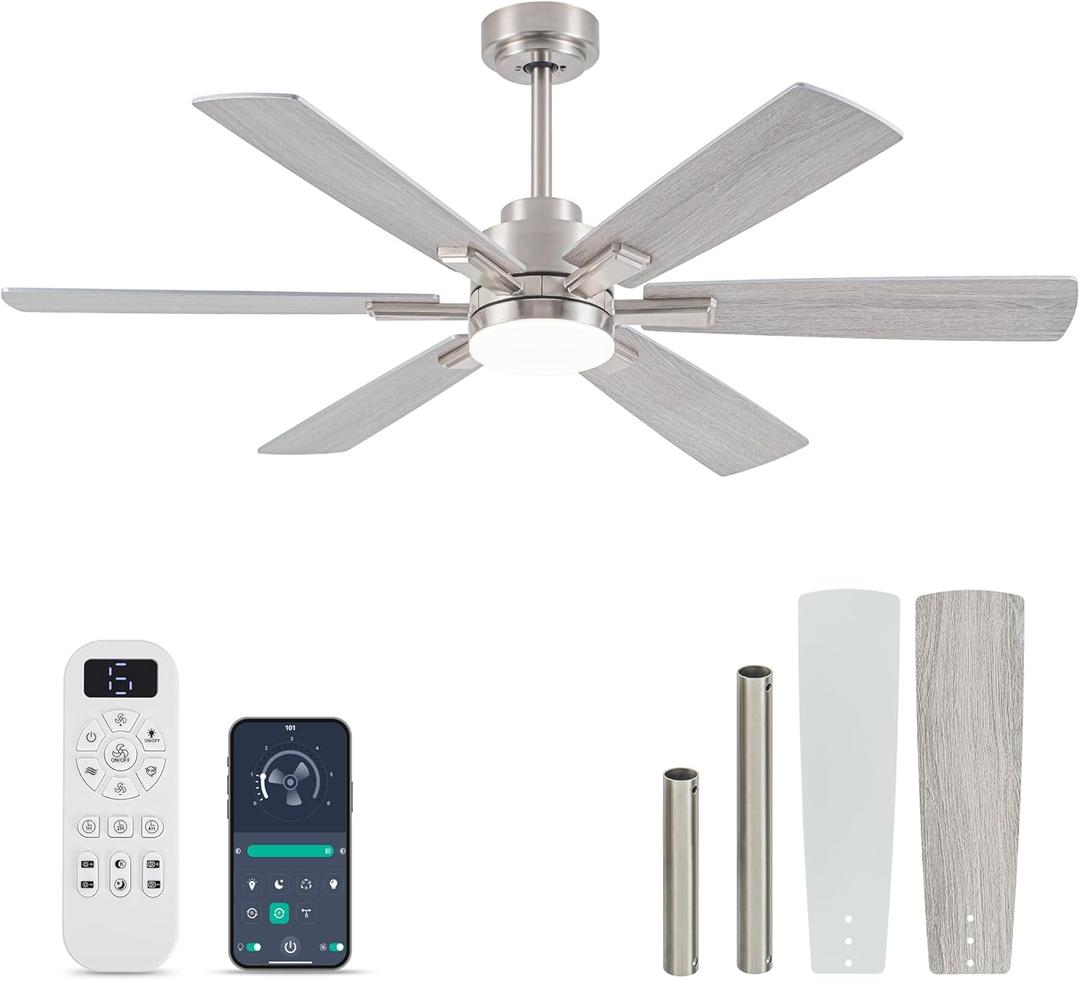OURSTAR Ceiling Fans with Lights and Remote Control, Brushed Nickel Ceiling Fan with Light 3-Color Dimmable, Memory for Lighting and Fan Reversible, 6-Speed, Timer, Indoor/Outdoor Use, 52 Inch