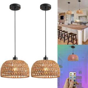Battery Operated Pendant Light with Remote,Battery Hanging Light Rattan Woven Chandelier No Wiring Needed,Rechargeable Light Bulb 50+Hours Continue Use,Perfect for Kitchen Islands Ceiling Lighting (1-Pack)