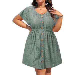 Plus Size Swimsuit Cover Up Women V Neck Swimwear Short Sleeve with Button | Coverups Beach Dress, pink, green, 20W (Green)