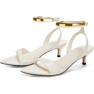 Coutgo Womens Low Kitten Heels Sandals Strappy Pointed Open Toe One Strap Metal Summer Dress Shoes (White, 11)