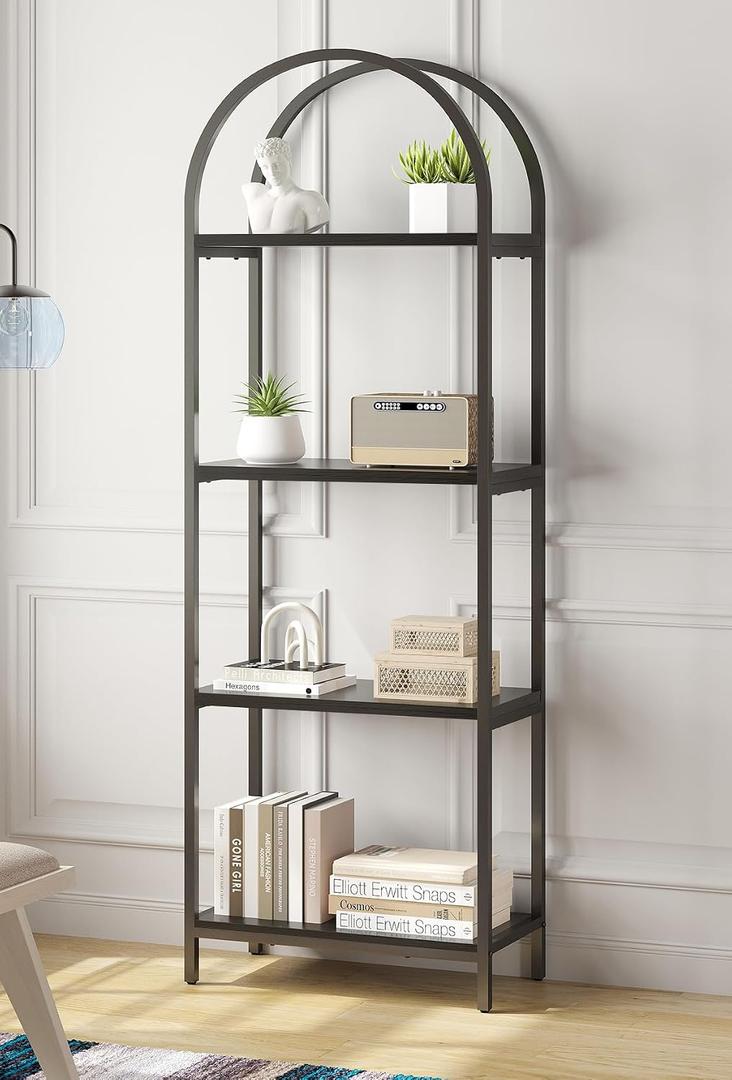 Bookshelf Arched Bookcase, 4 Tier Open Shelves with Metal Frame, Tall Freestanding Display Shelf for Home Office, Living Room,Easy Asssemble, Black