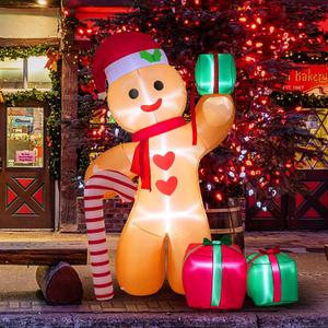 Peyton 8FT Inflatable Gingerbread Man with Candy Cane and Three Gift Boxes,LED Lighted Christmas Decoration Indoor and Outdoor