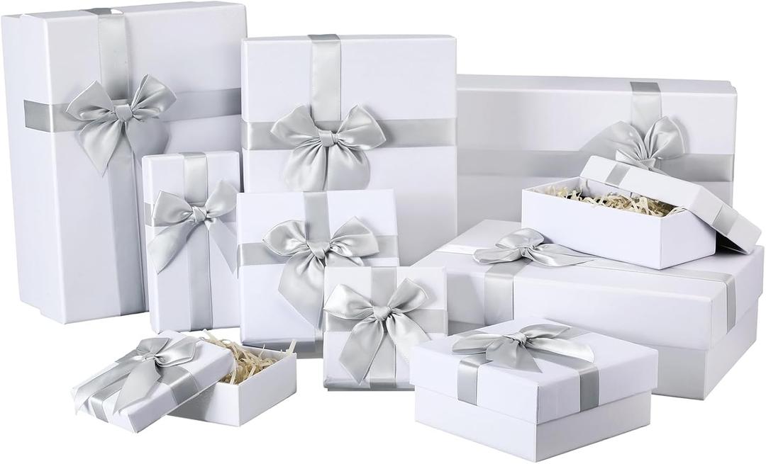 Tenceur 10 Pcs Gift Boxes with Lids Heavy Duty Nested Assorted Sizes Cardboard Gift Boxes for Presents with Ribbon for Xmas Holiday Present(White,5 Size)