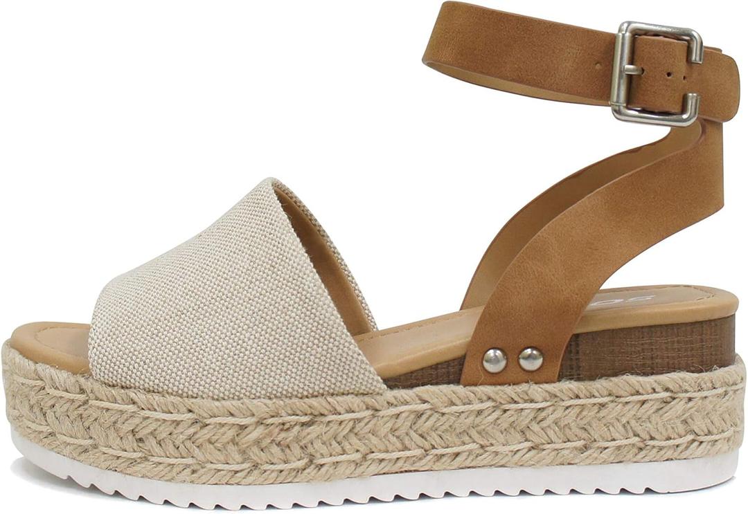 Soda Topic Open Toe Buckle Ankle Strap Espadrilles Flatform Wedge Casual Sandal (8.5, Beige Canvas/Tan)