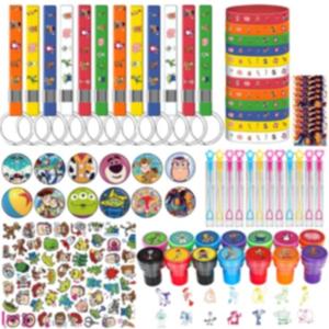 124pcs Cartoon Toys Birthday Party Supplies, Party Favors Set for Kids with Badges, Key Chains, Bracelets, Bubble Wands, Stamps and Stickers, Classroom Prizes Goodie Bag Stuffers for Boys, Girls