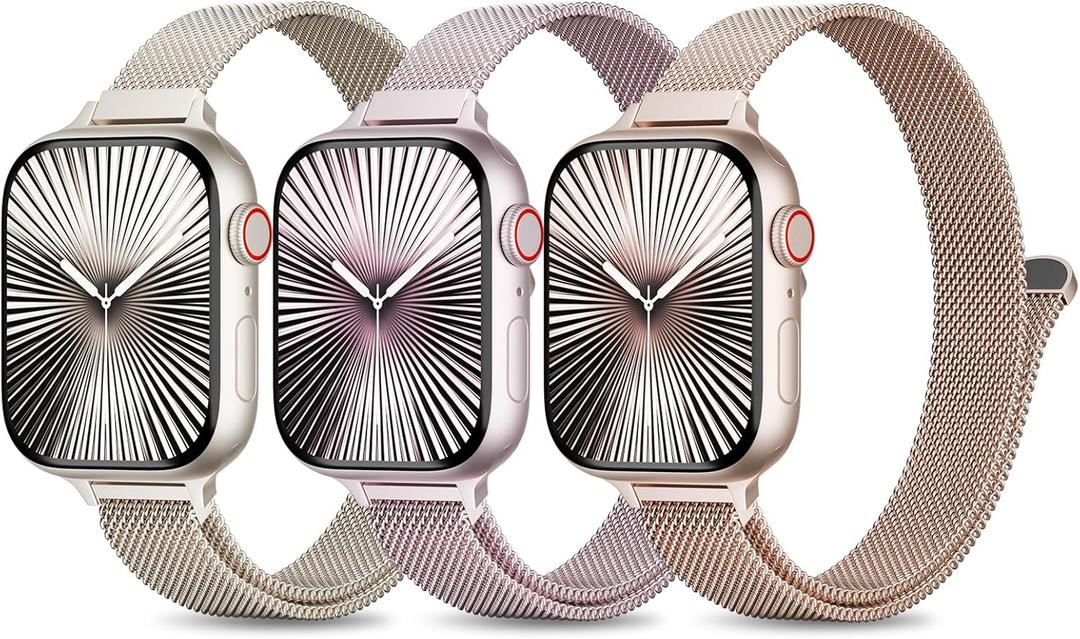 3 Pack Slim Metal Loop Compatible with Apple Watch Band 41mm 40mm 38mm 46mm 45mm 44mm 42mm 49mm Women Men, Thin Stainless Steel Magnetic Strap for iWatch Bands Series 10 9 8 SE 7 6 5 4 3 2 1 Ultra (Starlight/Pink/Rose Gold)