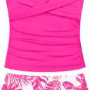 Girls Swimsuit 2 Piece Bathing Suit Criss Cross Ruched Girl Tankini Sets Printed Girls' Swimwear for 9-18 Years (15-16 Years, Pink)