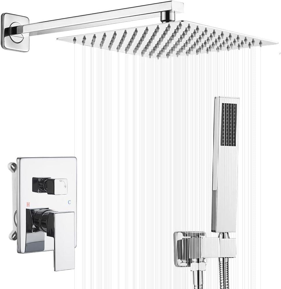 Polished Chrome Shower System 10 Inch Bathroom Luxury Rain Mixer Shower Combo Set Wall Mounted Rainfall Shower Head and Handheld System Shower Faucet Rough-in Valve Body and Trim Included