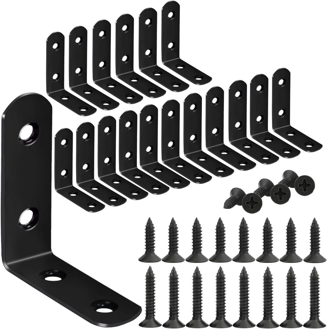 18-Pack L Shape Corner Brackets, Stainless Steel Metal Angle Braces for Wood Furniture, Heavy Duty Black 2 inch Shelf Bracket with Long Screws for Household Project (L Shape Black)