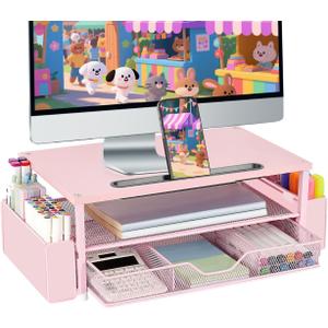 AUPSEN Pink Desk Organizers and Accessories, 2-Tier Wood Computer Monitor Stand with Drawer, Pen Storage & Phone Holder, Office Desk Accessories, Workspace Desktop Organization for Office Supplies
