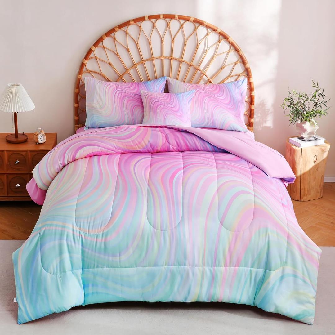 Tie Dye Bedding Set Full, Pink Tie Dye Comforter Set for Girls Kids Teens 6 pcs Bed in a Bag Full Bedding Sets for Girls, Wave 