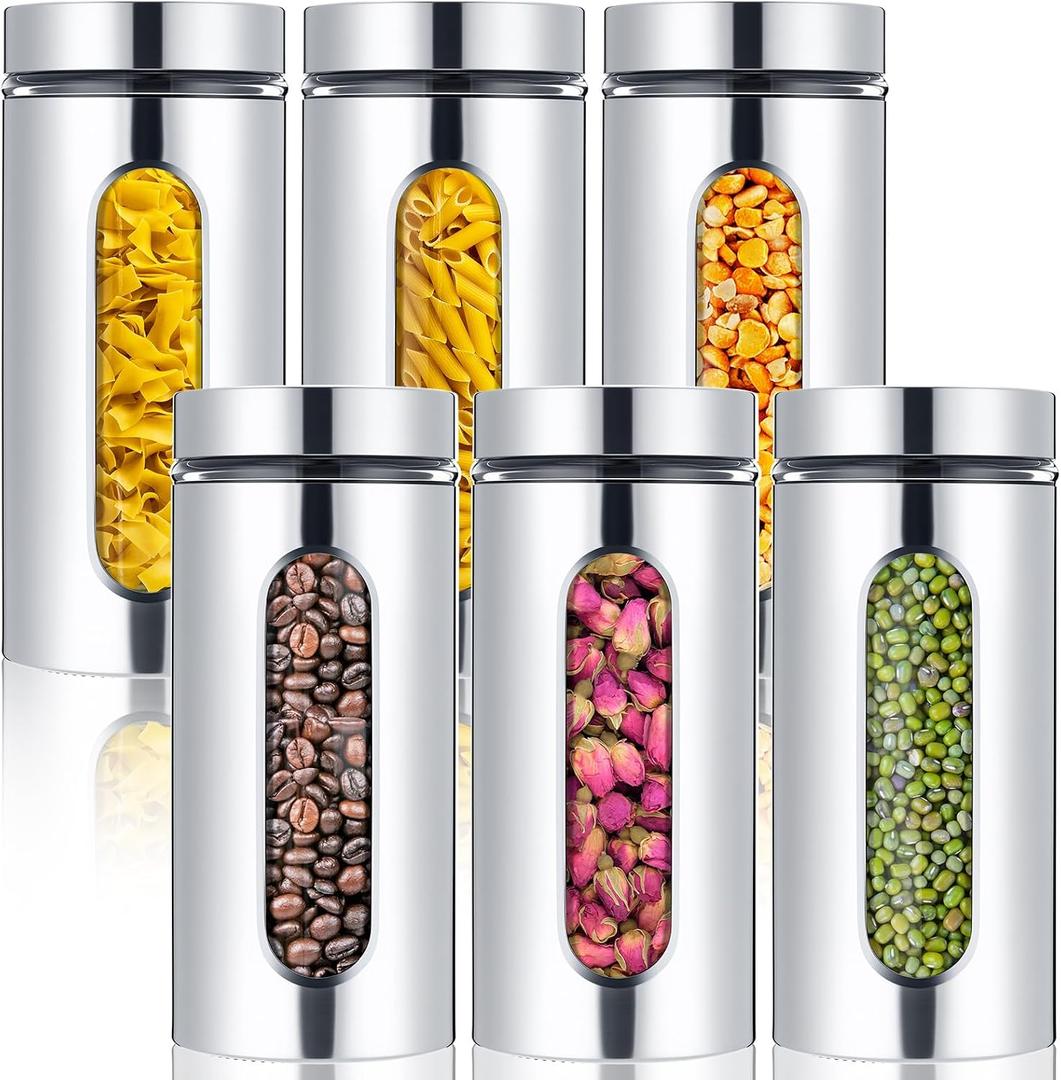 Mimorou 6 Pack Kitchen Canisters Set Airtight Coffee Sugar Tea Candy Storage Jars with Window Glass Stainless Steel Containers with Lids for Flour Cookies Spices Grains Kitchen Decorations(44 oz)