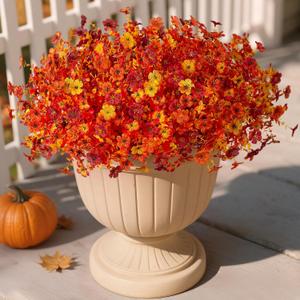 Artificial Fake Mums Fall Flowers for Outdoor Outside Decoration 12 Bundles Faux Silk Flowers Plants Realistic Daisy UV Resistant Fall Dcor Autumn Front Door Porch Patio Yard Decoration (B-red Orange Sunset Yellow)