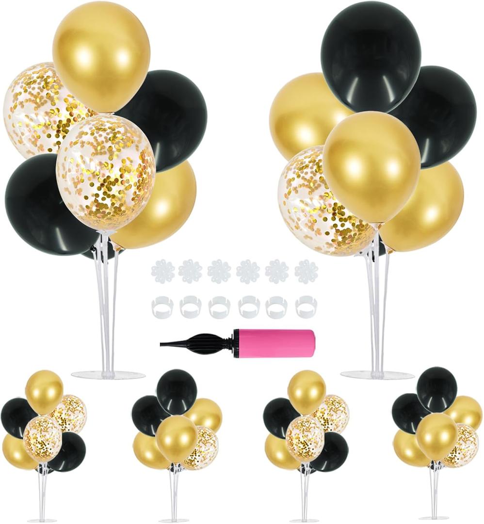TONIFUL 6 Set Balloon Centerpieces for Table,Black Gold Balloon Stand Kit for 2026 Graduation Decorations 40th 50th 60th 70th Birthday Anniversary Retirement New Year 2026 Party Decorations