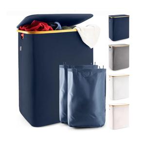 LONBET Laundry Basket with Lid, Made from Breathable Fabric | Aesthetic Clothes Hampers for Laundry with Side Handles & Sturdy Bamboo Frame (40 Gallons - Double, Blue)