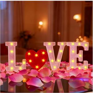Valentines Day Love Letters Decorations - 4Pcs Pink Glitter Light Up Marquee Love Letter Lights with Red Heart for Valentines Day Table Wall Window Fireplace Mantel Home Decor, Battery Powered, 8.6''
