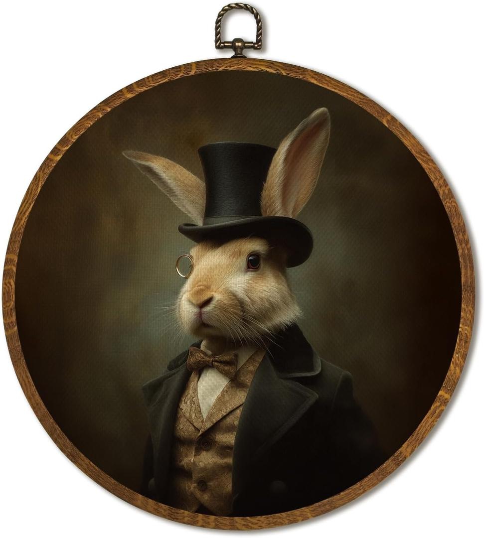 Vintage Round Wall Art Decor 10x10Inch, Rabbit Wall Art Framed Canvas Print Decor, Victorian Portrait Animal Art Decor for Home Farmhouse Bedroom Living Room (Rabbit)
