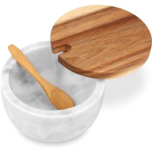 Marble Salt Cellar Box with Wood Lid & Spoon, Modern White Stone Salt or Pepper Sugar Spice Seasoning Bowl Container Jar Holder Well Keeper Dish Pig Crock for Kitchen (White Bowl)
