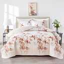 Botanical Quilt Set 3 Pieces King, Burnt Orange Leaves on White Design Reversible Bedspread Coverlet Set, Soft Microfiber Lightweight Bed Cover for All Season (102" x 90", 1 Quilt+ 2 Pillow Shams)