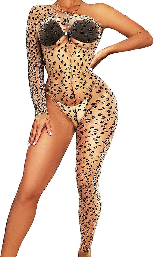 deladola Leopard Bodysuit See Through Lingerie Jumpsuit for Women