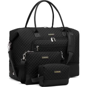 Weekender Bags for Women, Travel Duffle Bag Carry On Overnight Bag with Cosmetics Bag and Crossbody Purse for Gym Hospital, Gifts for Women, Black (Medium)