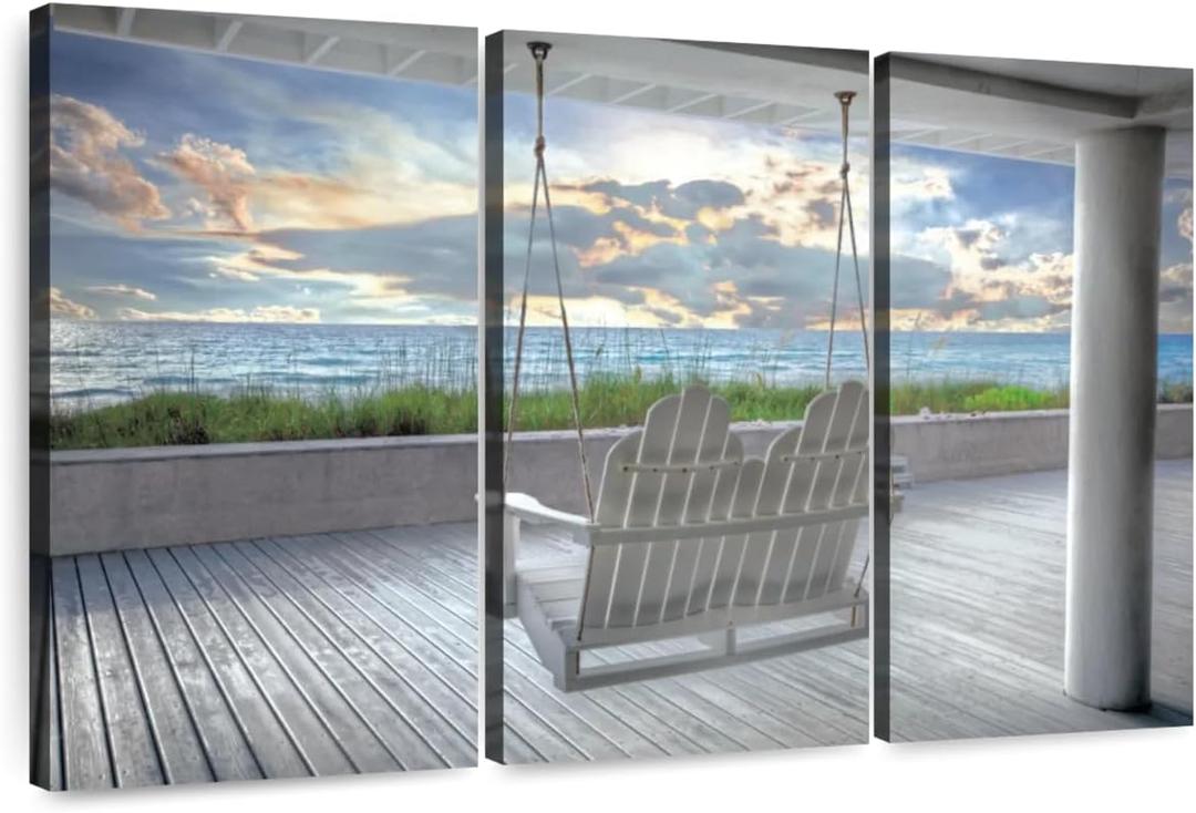 Elephant Stock - Swing At The Beach Wall Art - Horizontal Multi Panel Canvas - 3 Piece Living Room Wall Decor - Photography Beach Sunsets And Sunrises Multi Piece Wall Art - Blue And Gray Decor by Celebrate Life Gallery - 38" x 24"