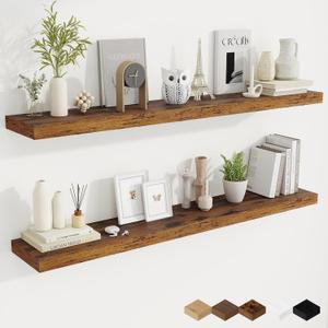 Fun Memories 55 Inch Fireplace Mantel Shelf, 9.3" Deep Floating Shelves for Wall, Long Wall Mounted Farmhouse Display Shelves with Invisible Heavy Duty Metal Bracket, Brown, 2 Pack, 55"W x9.3"D - 2P