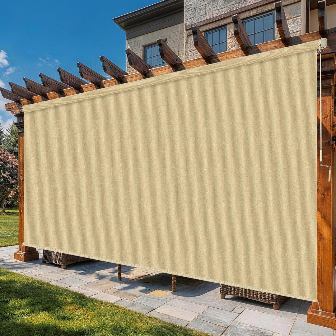 10'W x 8'H Sesame Outdoor Roller Shade with Crank Wand Patio Shades Roll up, UV Blocking & Privacy Protection