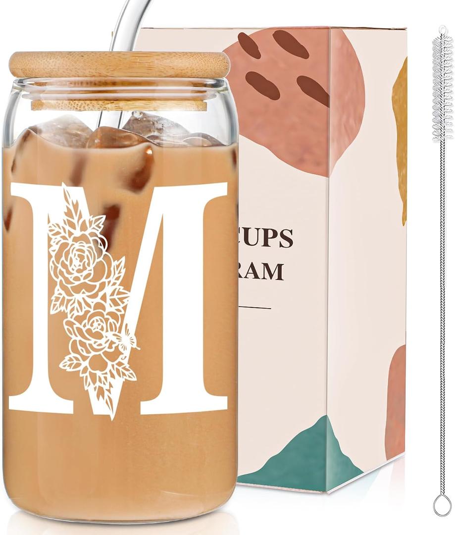 Glass Cups with Lids and Straws: Personalized Initial Glass Cup Be Used As Reusable Iced Coffee Cups with Lids,Cute Matcha Tumbler - The Christmas/Birthday Gifts for Women - M Smoothie Cup