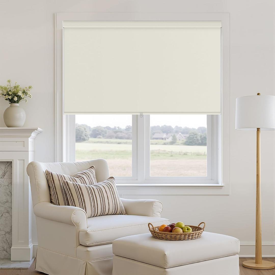 Blackout Roller Shades Cordless Blinds for Windows, Free-Stop Shades with Valance, Thermal Insulated Linen Fabric UV Protection Natural Woven Cream Blinds for Home and Office Ivory 46" W x 72" H