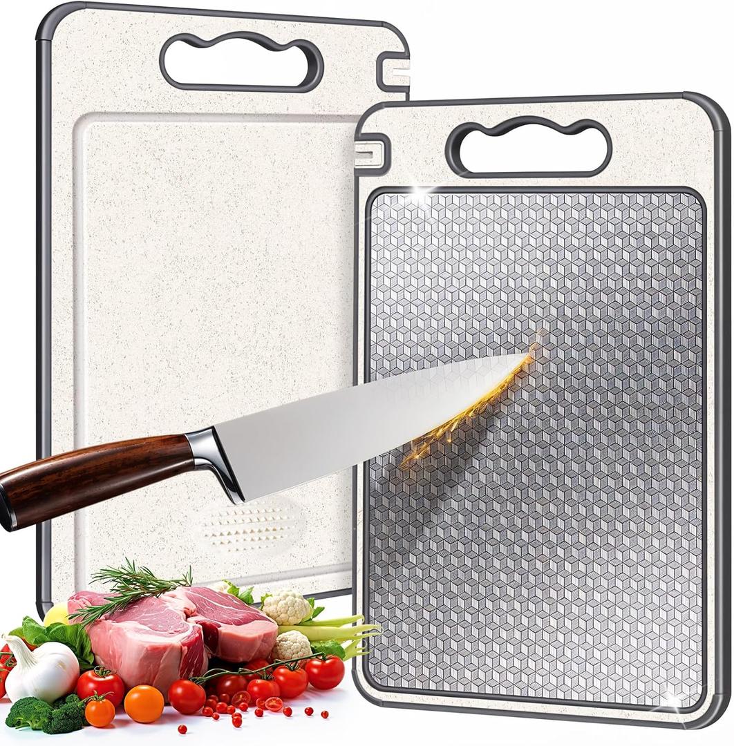 Stainless Steel Cutting Board, Double Sided Chopping Board for Kitchen, Scratch-resistant Mesh Design, Non Toxic, Juice Groove, Dishwasher Safe, 304 Stainless Steel and Wheat Straw PP (1510 In (14.4"L x 9.7"W)