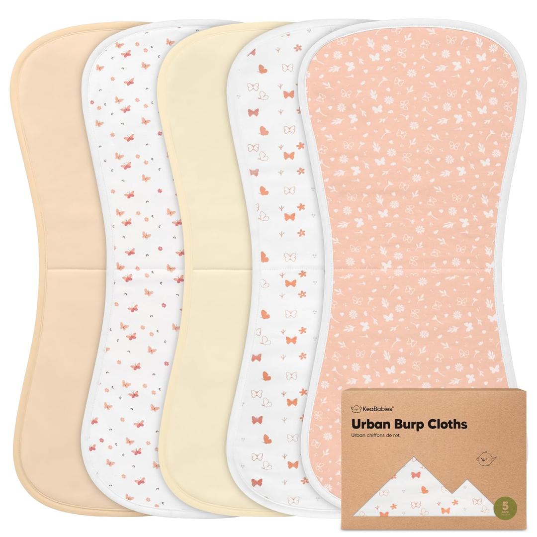 Organic Burp Cloths Baby Boy & Girl - 5-Pack Super Absorbent Cotton Burping Cloths for Babies, Soft & Plush Newborn Spit Up Rags, Infant Towels for Milk Spit Up, Unisex, Large 21" x 10" (Butterflies)