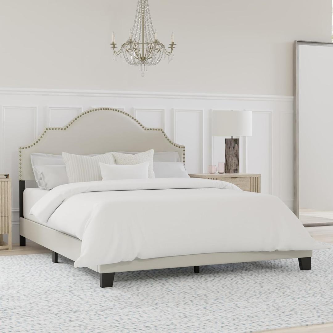 Hillsdale Furniture Cynthia Modern Upholstered Queen Bed with Nailhead Headboard, Cream
